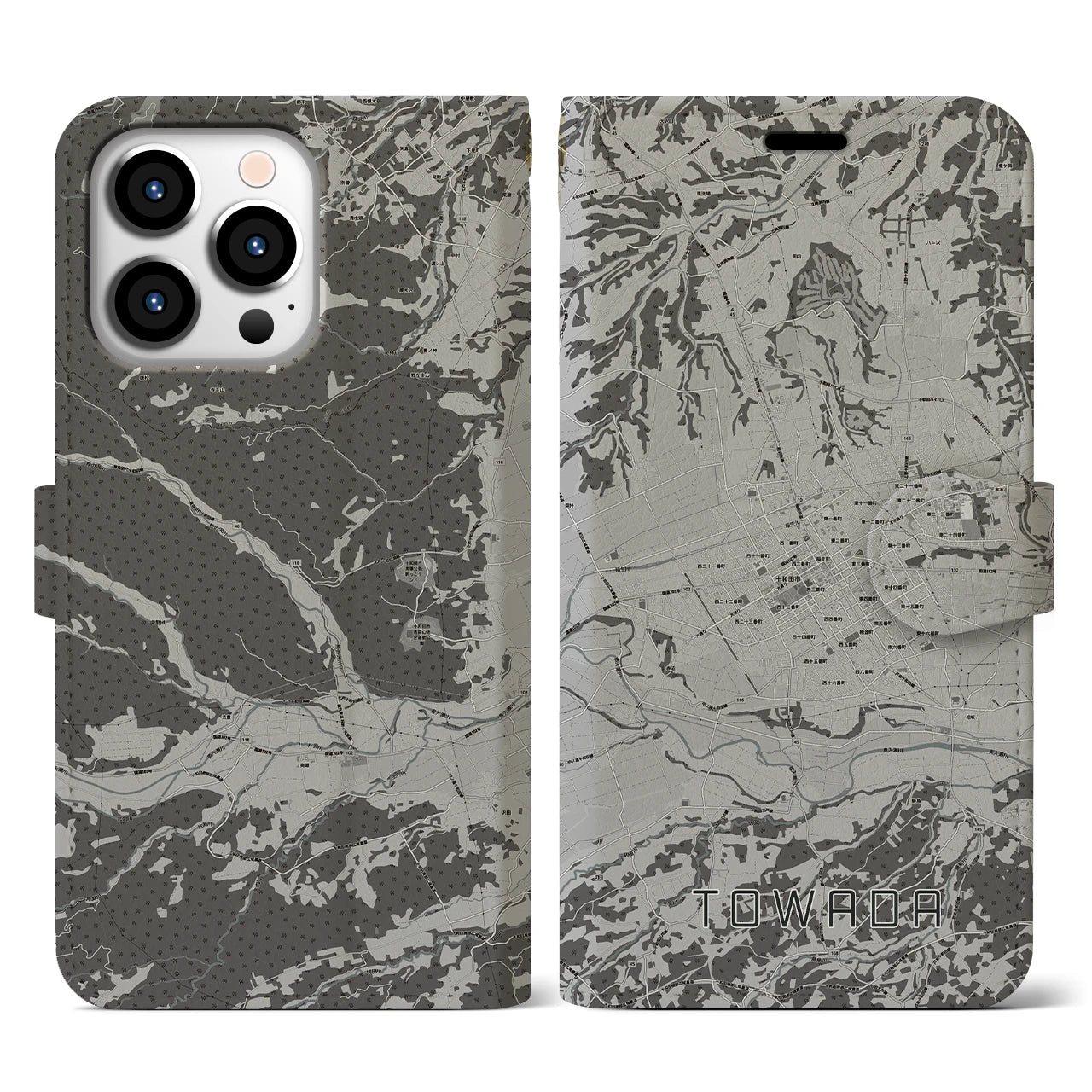 【十和田(青森県)】地図柄iPhoneケース(手帳タイプ)モノトーン・iPhone 13 Pro 用