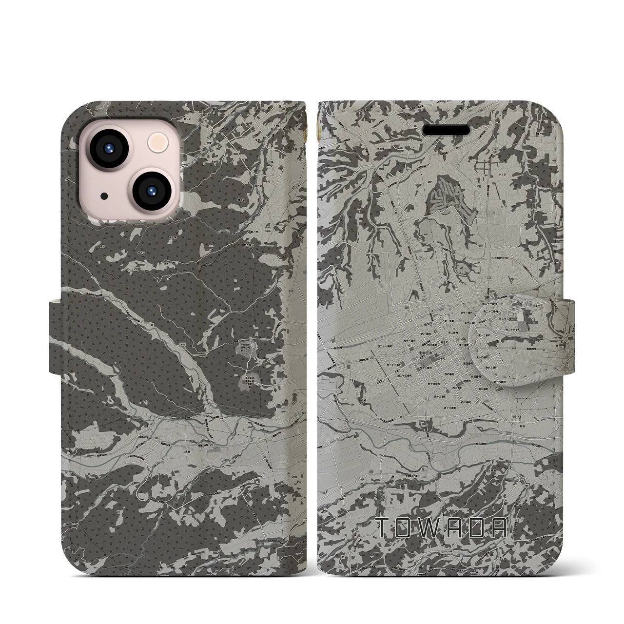 【十和田(青森県)】地図柄iPhoneケース(手帳タイプ)モノトーン・iPhone 13 mini 用