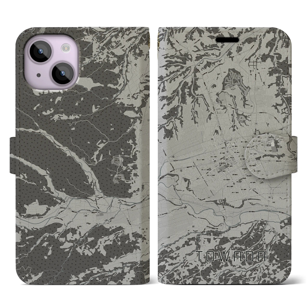 【十和田(青森県)】地図柄iPhoneケース(手帳タイプ)モノトーン・iPhone 14 用