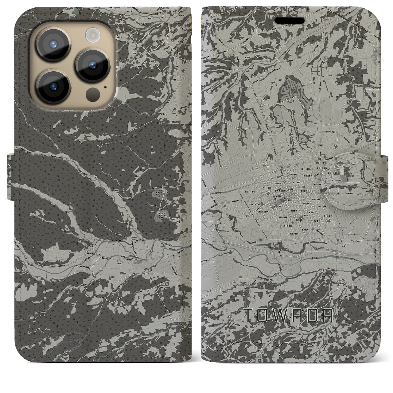 【十和田(青森県)】地図柄iPhoneケース(手帳タイプ)モノトーン・iPhone 14 Pro Max 用