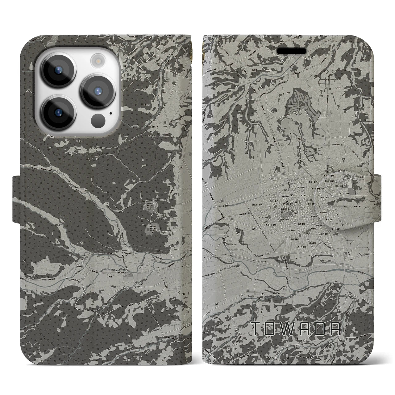 【十和田(青森県)】地図柄iPhoneケース(手帳タイプ)モノトーン・iPhone 14 Pro 用