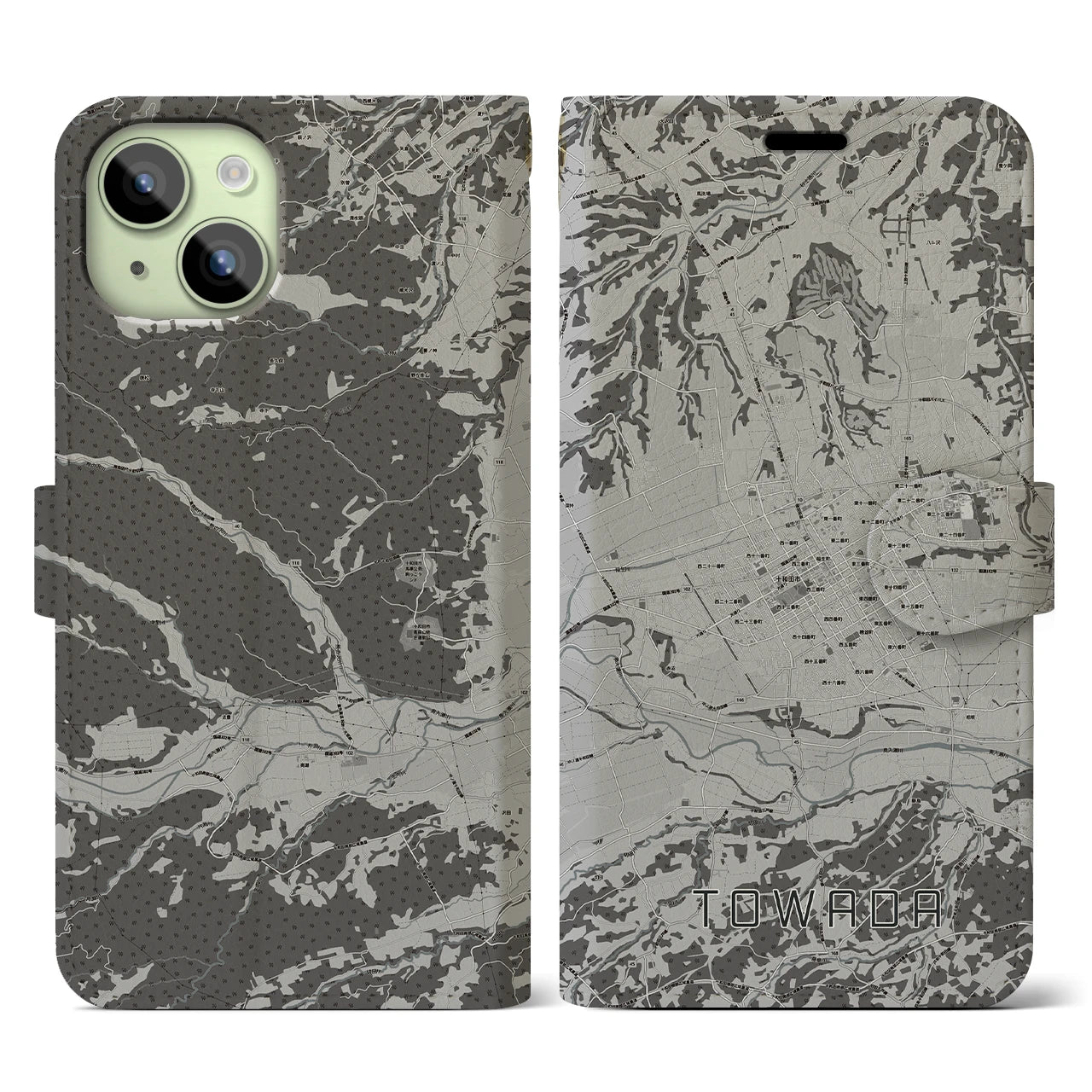 【十和田(青森県)】地図柄iPhoneケース(手帳タイプ)モノトーン・iPhone 15 用