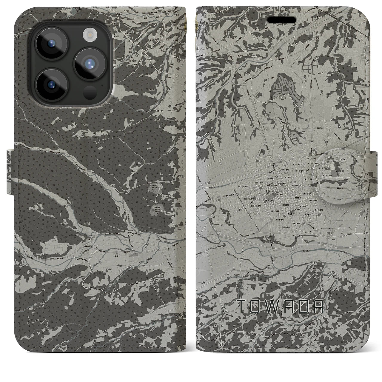 【十和田(青森県)】地図柄iPhoneケース(手帳タイプ)モノトーン・iPhone 15 Pro Max 用