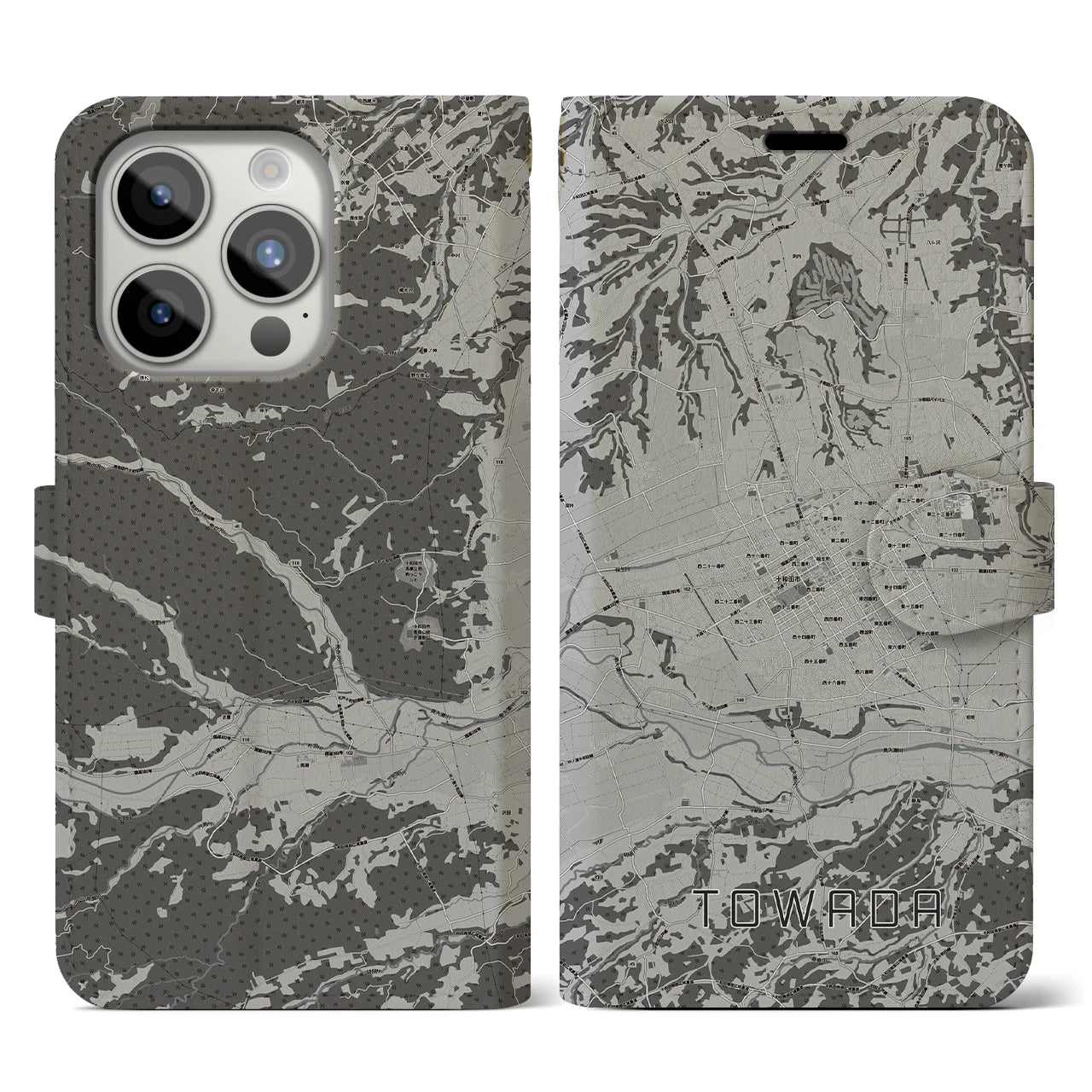 【十和田(青森県)】地図柄iPhoneケース(手帳タイプ)モノトーン・iPhone 15 Pro 用