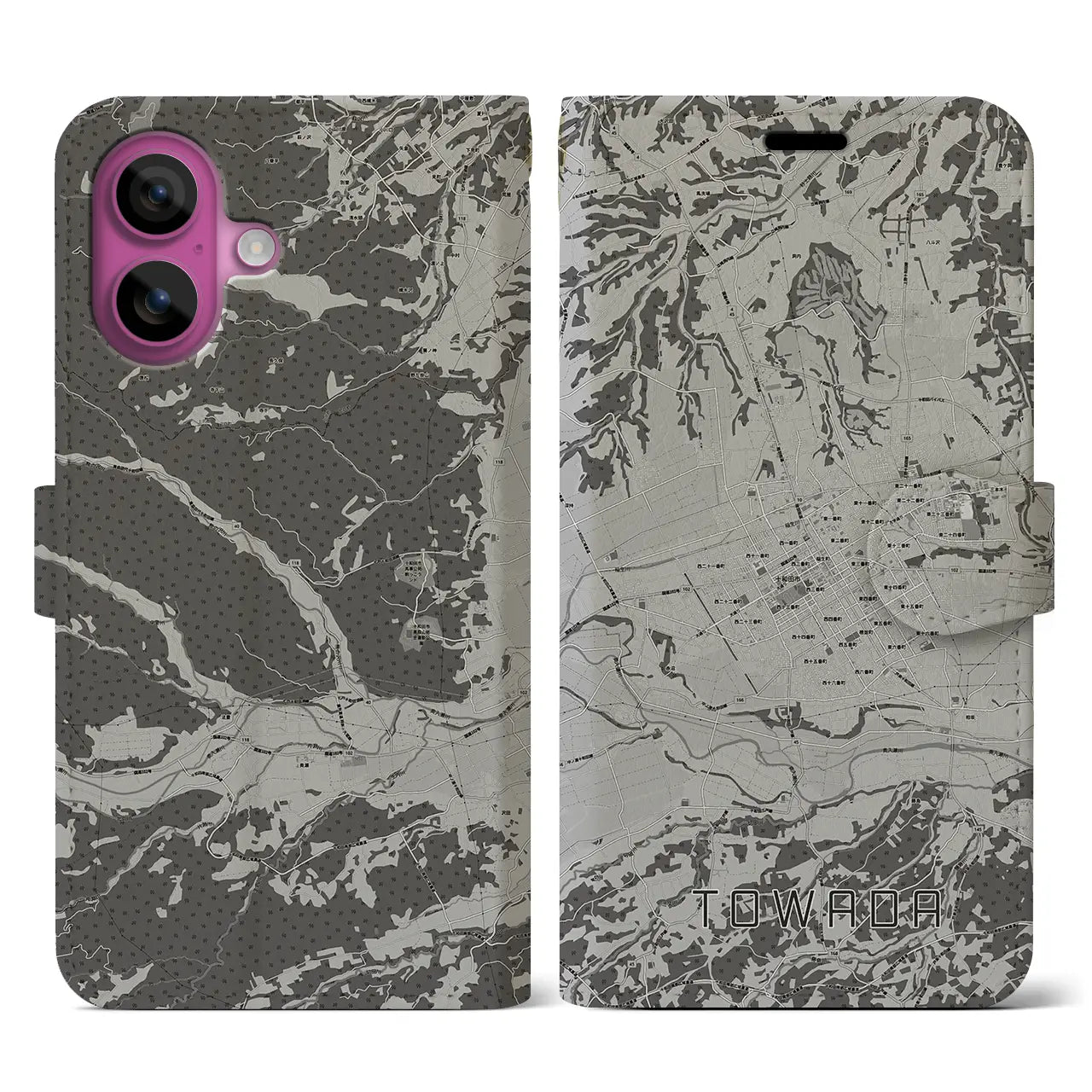 【十和田(青森県)】地図柄iPhoneケース(手帳タイプ)モノトーン・iPhone 16 Pro 用