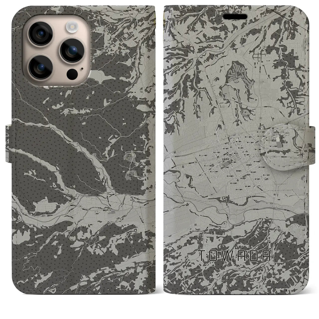 【十和田(青森県)】地図柄iPhoneケース(手帳タイプ)モノトーン・iPhone 16 Plus 用