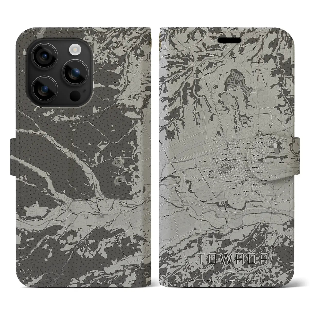 【十和田(青森県)】地図柄iPhoneケース(手帳タイプ)モノトーン・iPhone 16 用