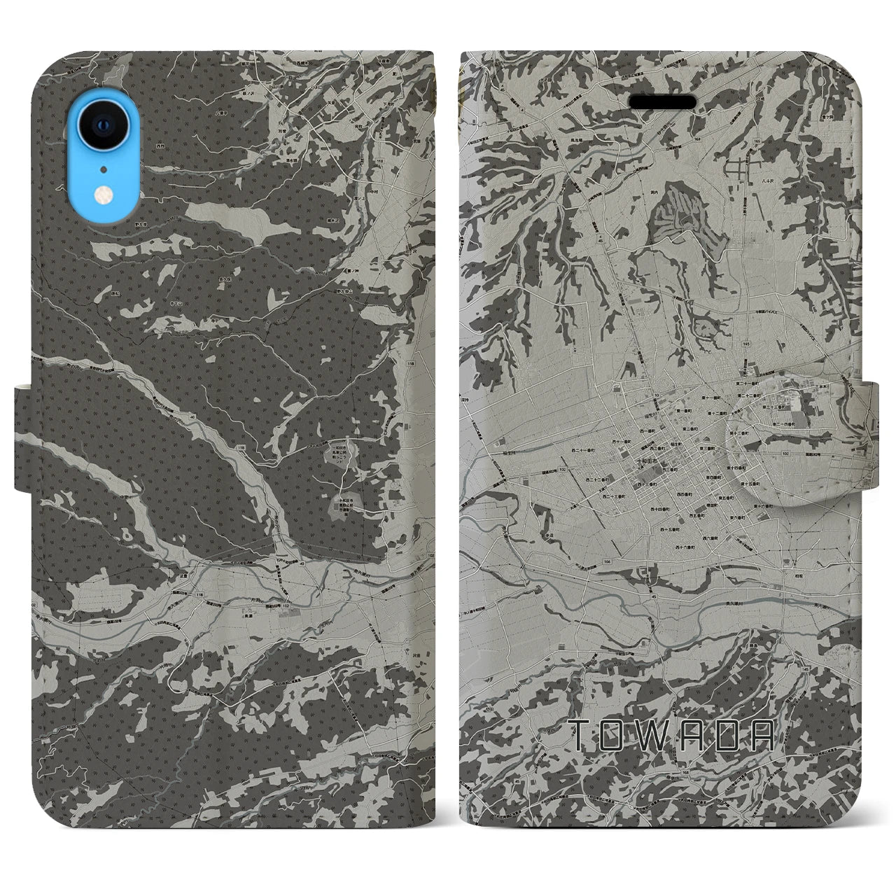 【十和田(青森県)】地図柄iPhoneケース(手帳タイプ)モノトーン・iPhone XR 用