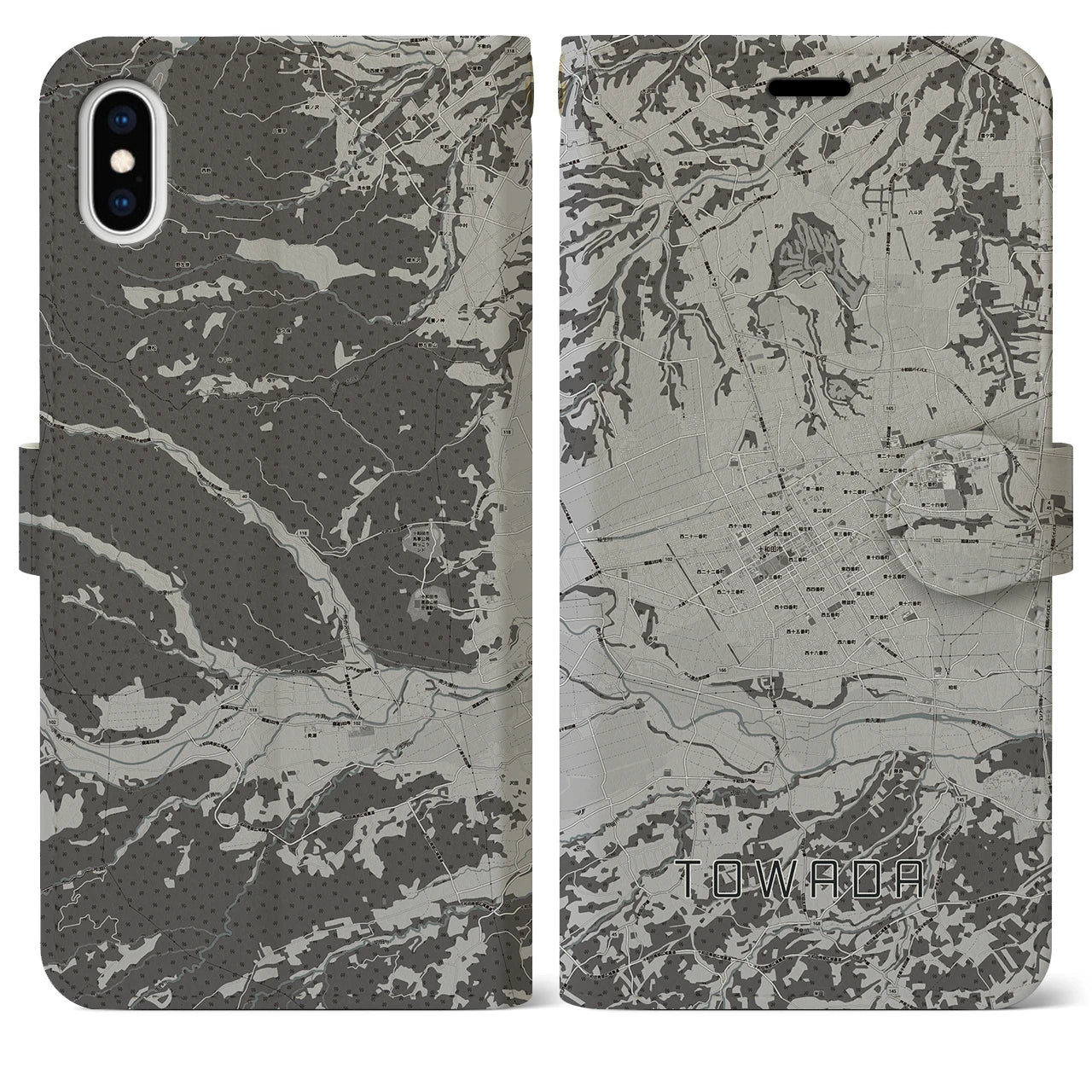 【十和田(青森県)】地図柄iPhoneケース(手帳タイプ)モノトーン・iPhone XS Max 用