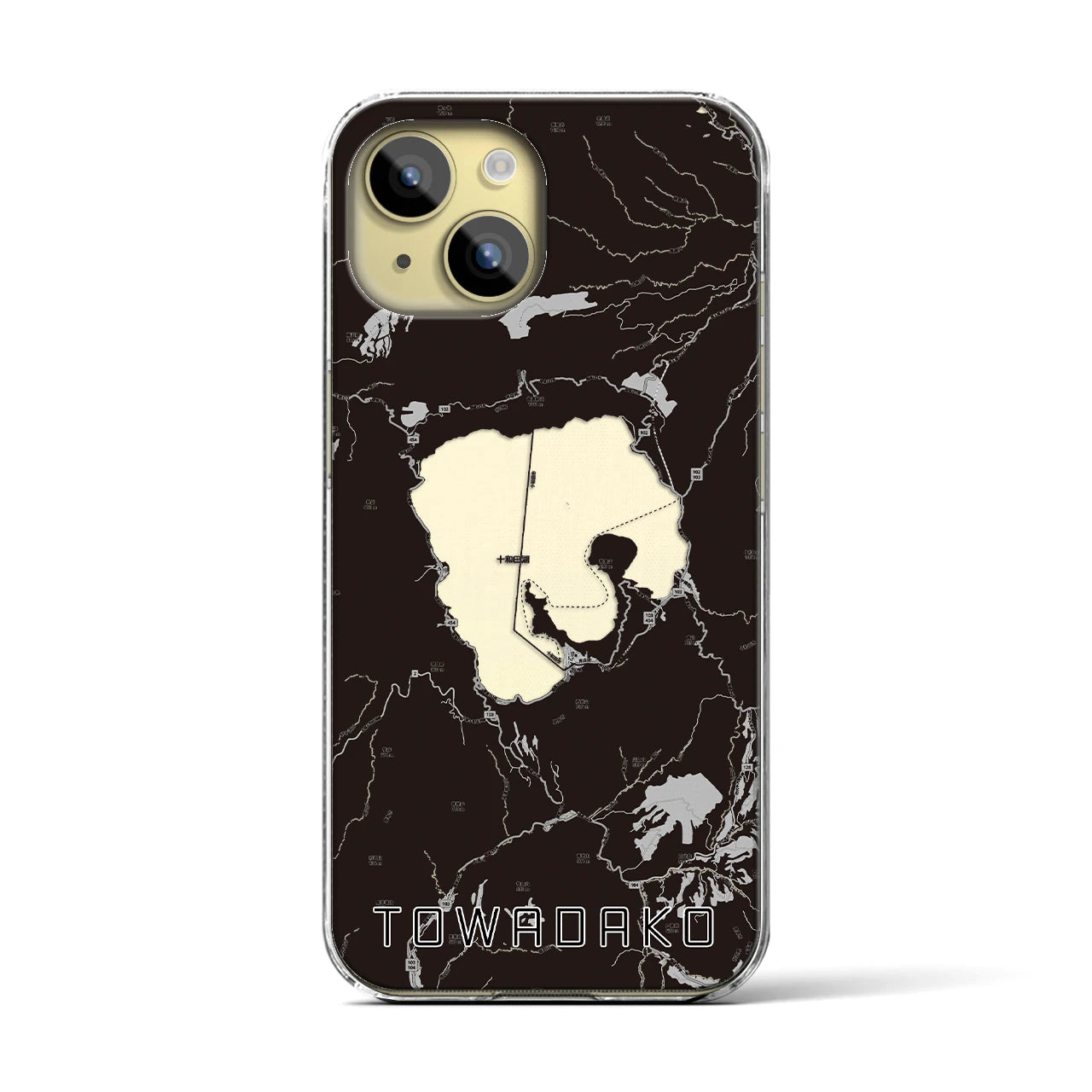 【十和田湖(青森県)】地図柄iPhoneケース(クリアタイプ)モノトーン・iPhone 15 用