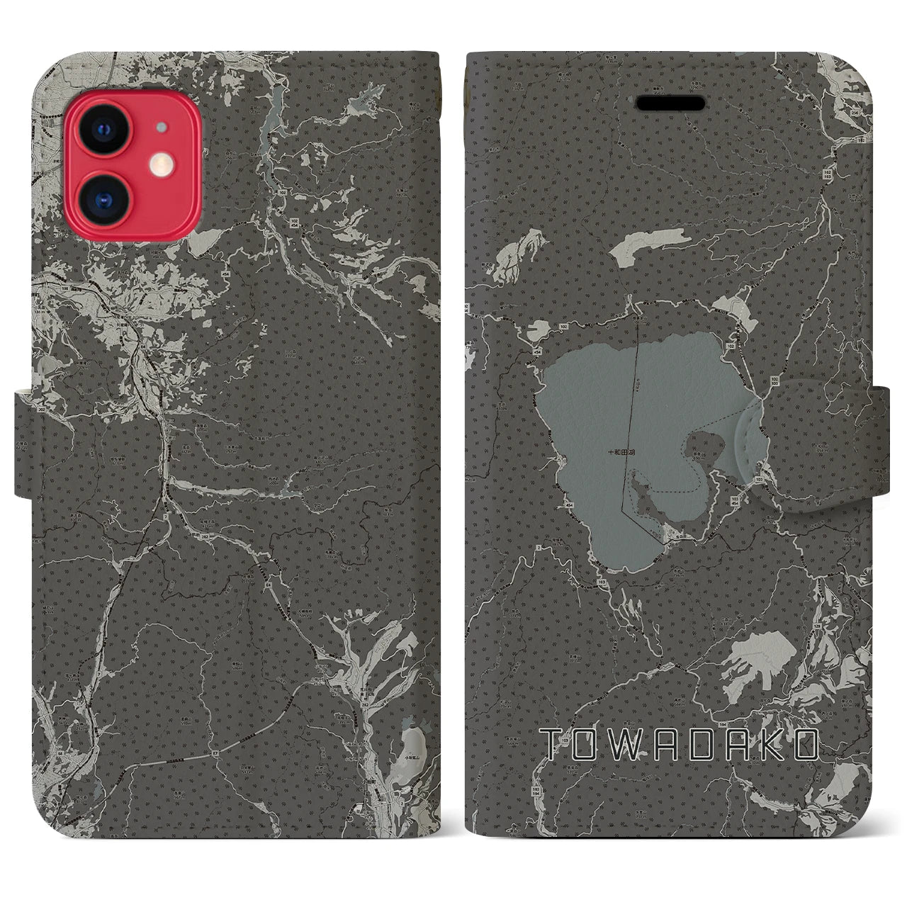 【十和田湖(青森県)】地図柄iPhoneケース(手帳タイプ)モノトーン・iPhone 11 用