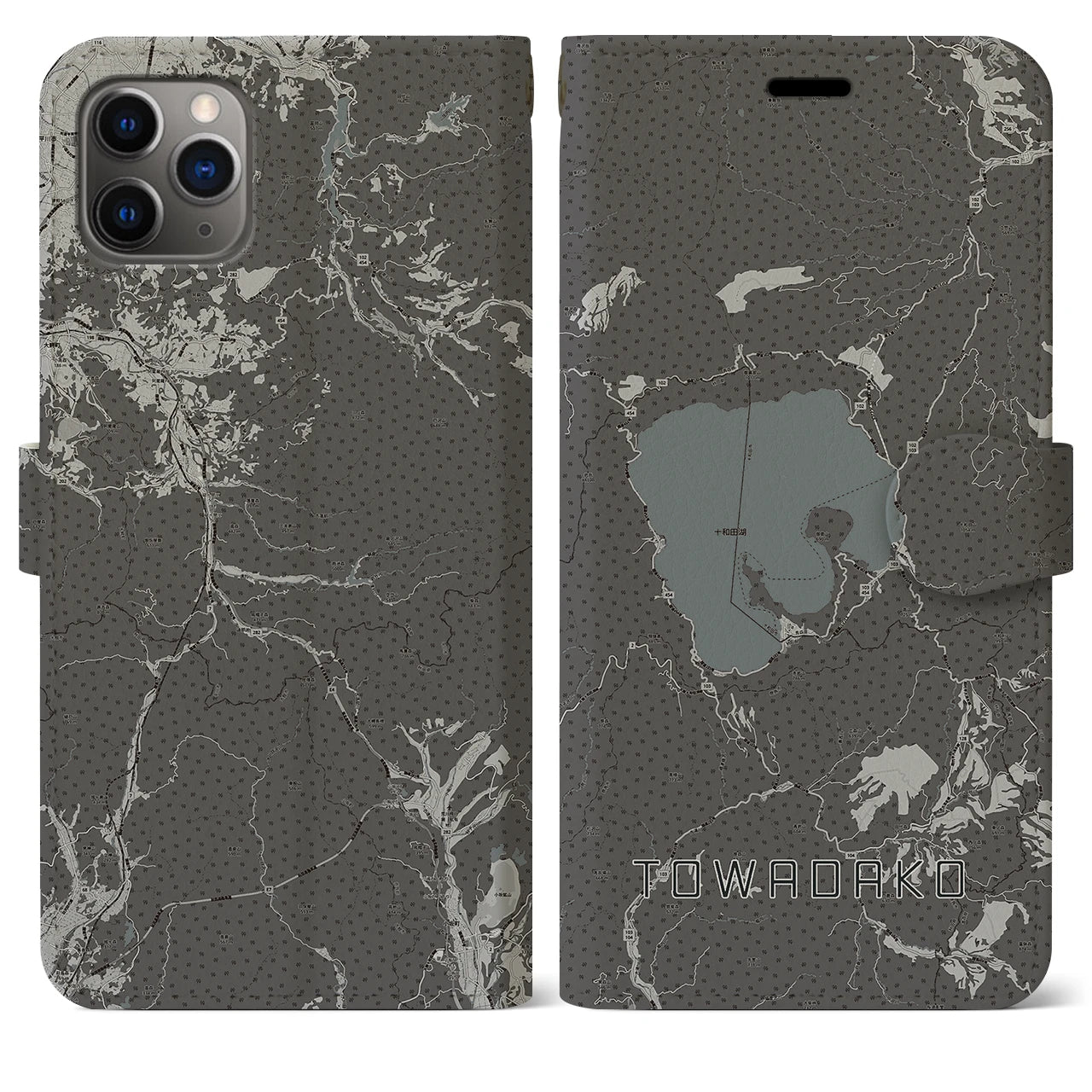 【十和田湖(青森県)】地図柄iPhoneケース(手帳タイプ)モノトーン・iPhone 11 Pro Max 用