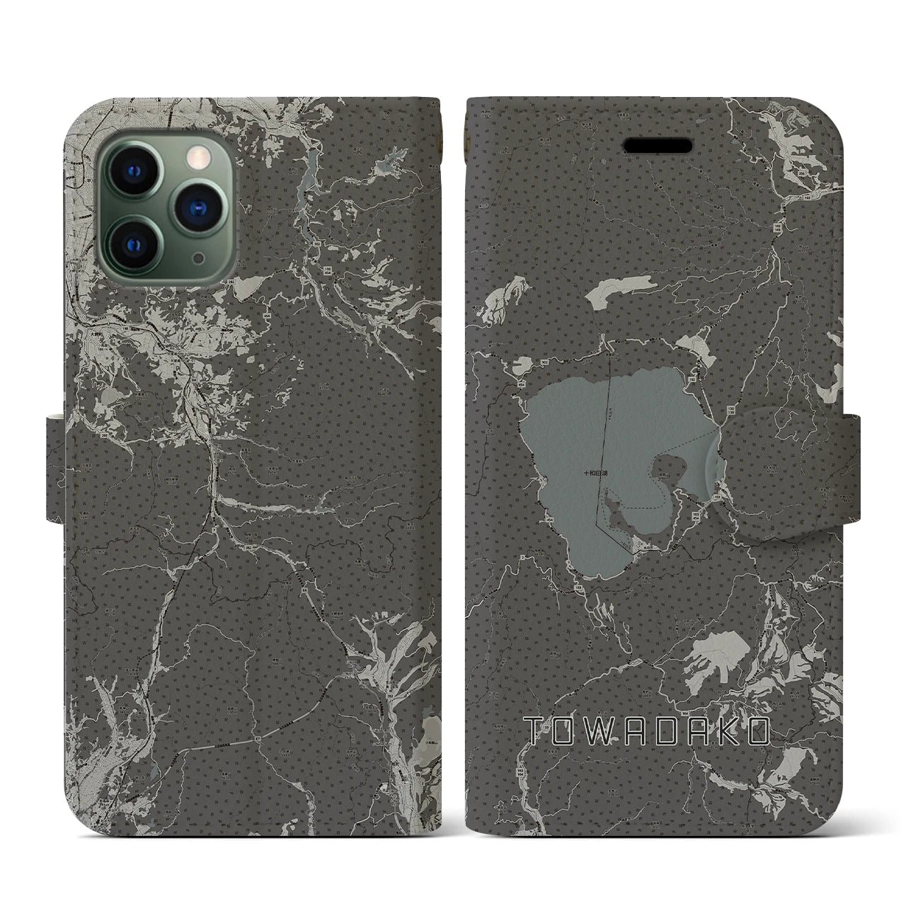 【十和田湖(青森県)】地図柄iPhoneケース(手帳タイプ)モノトーン・iPhone 11 Pro 用