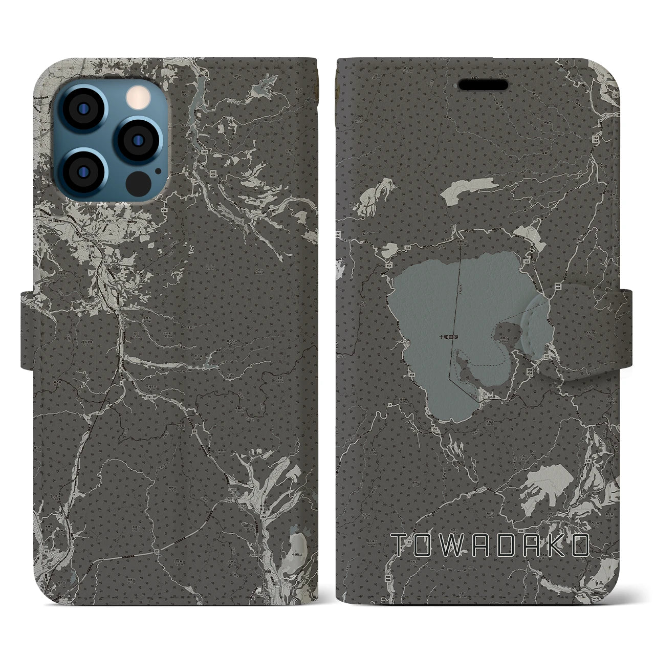 【十和田湖(青森県)】地図柄iPhoneケース(手帳タイプ)モノトーン・iPhone 12 / 12 Pro 用