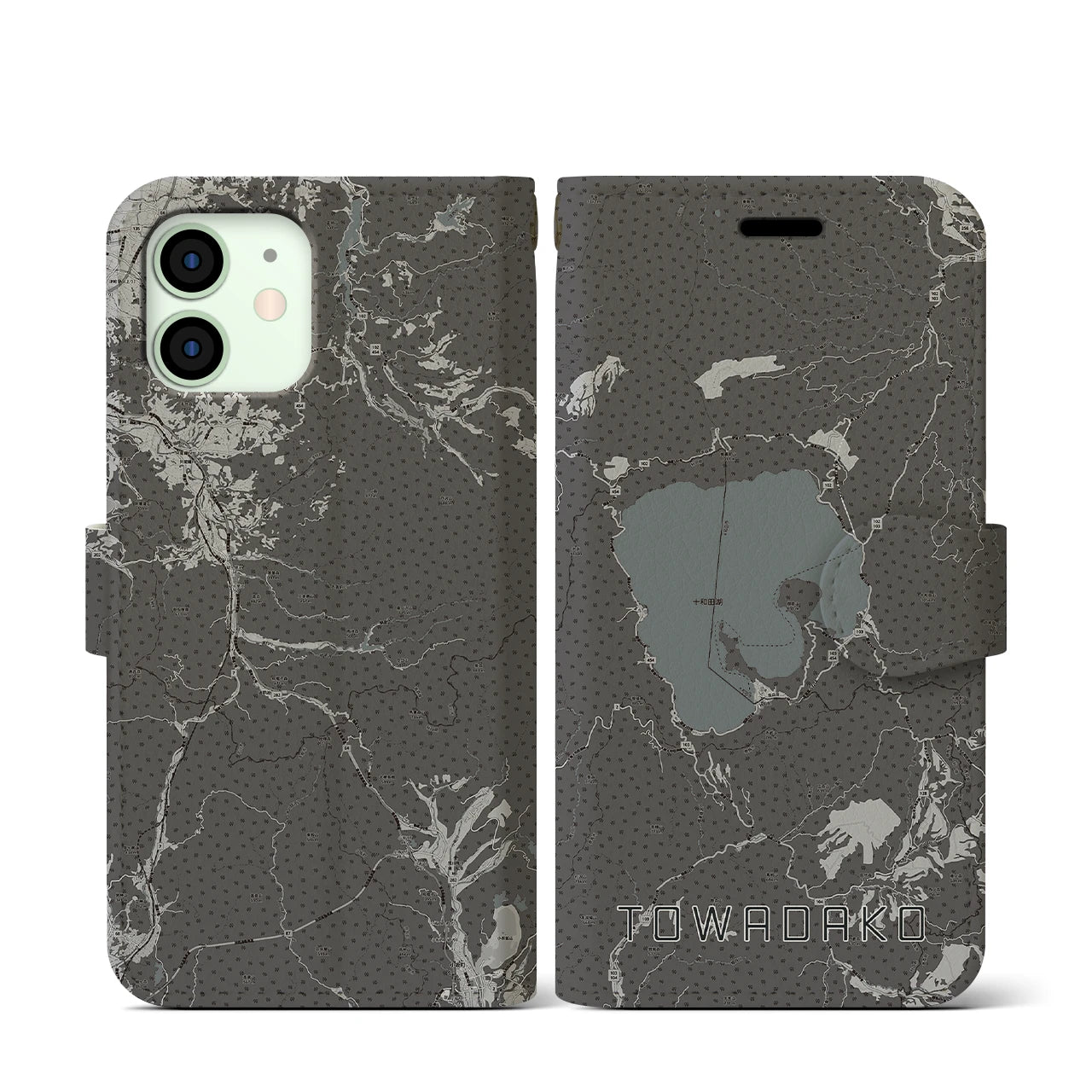 【十和田湖(青森県)】地図柄iPhoneケース(手帳タイプ)モノトーン・iPhone 12 mini 用