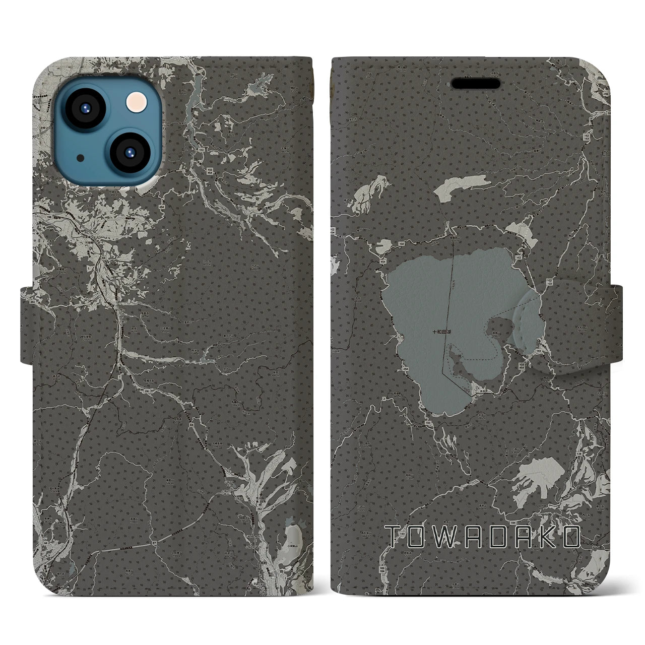 【十和田湖(青森県)】地図柄iPhoneケース(手帳タイプ)モノトーン・iPhone 13 用