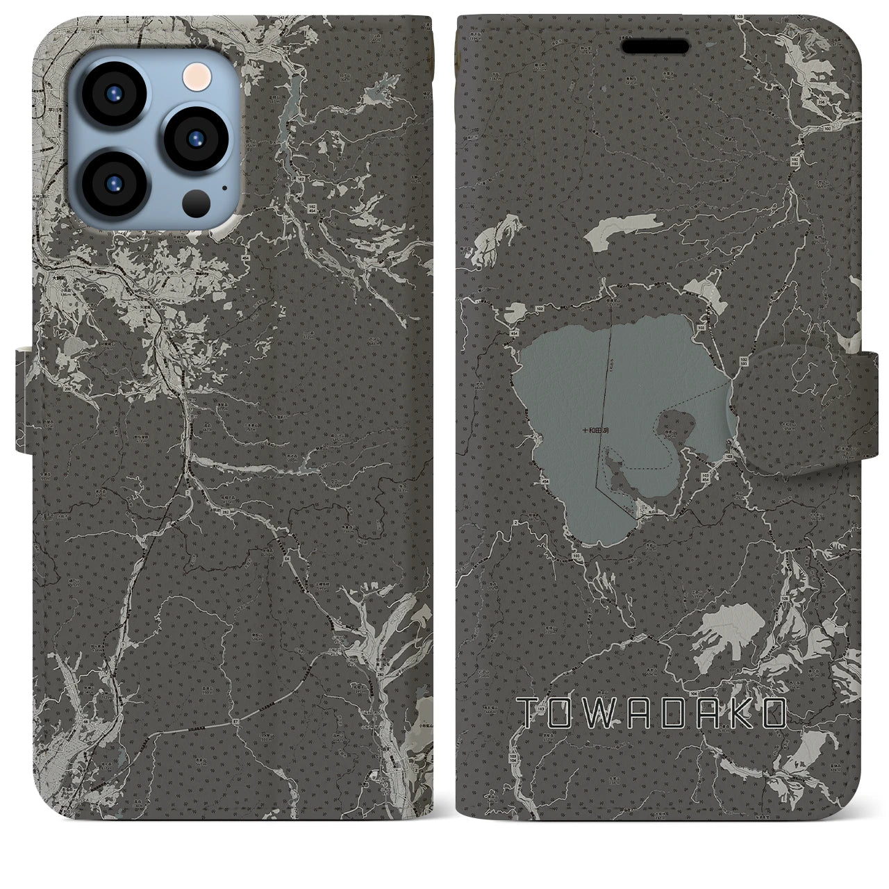 【十和田湖(青森県)】地図柄iPhoneケース(手帳タイプ)モノトーン・iPhone 13 Pro Max 用