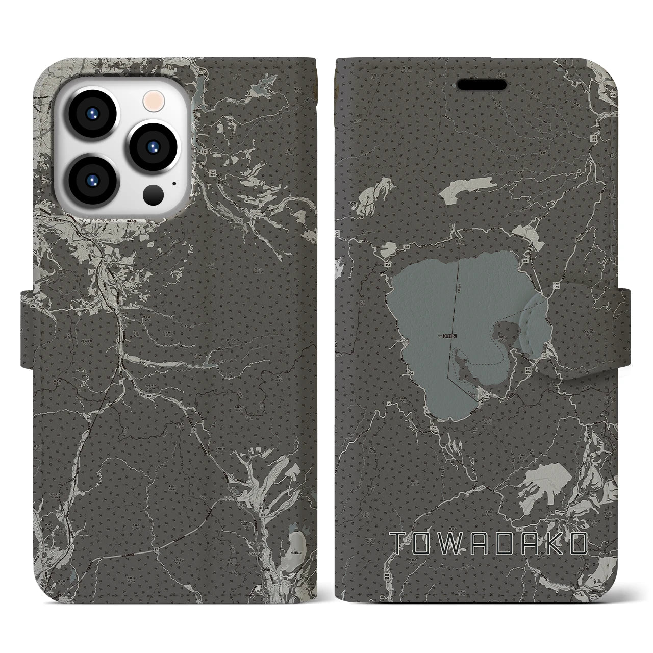 【十和田湖(青森県)】地図柄iPhoneケース(手帳タイプ)モノトーン・iPhone 13 Pro 用