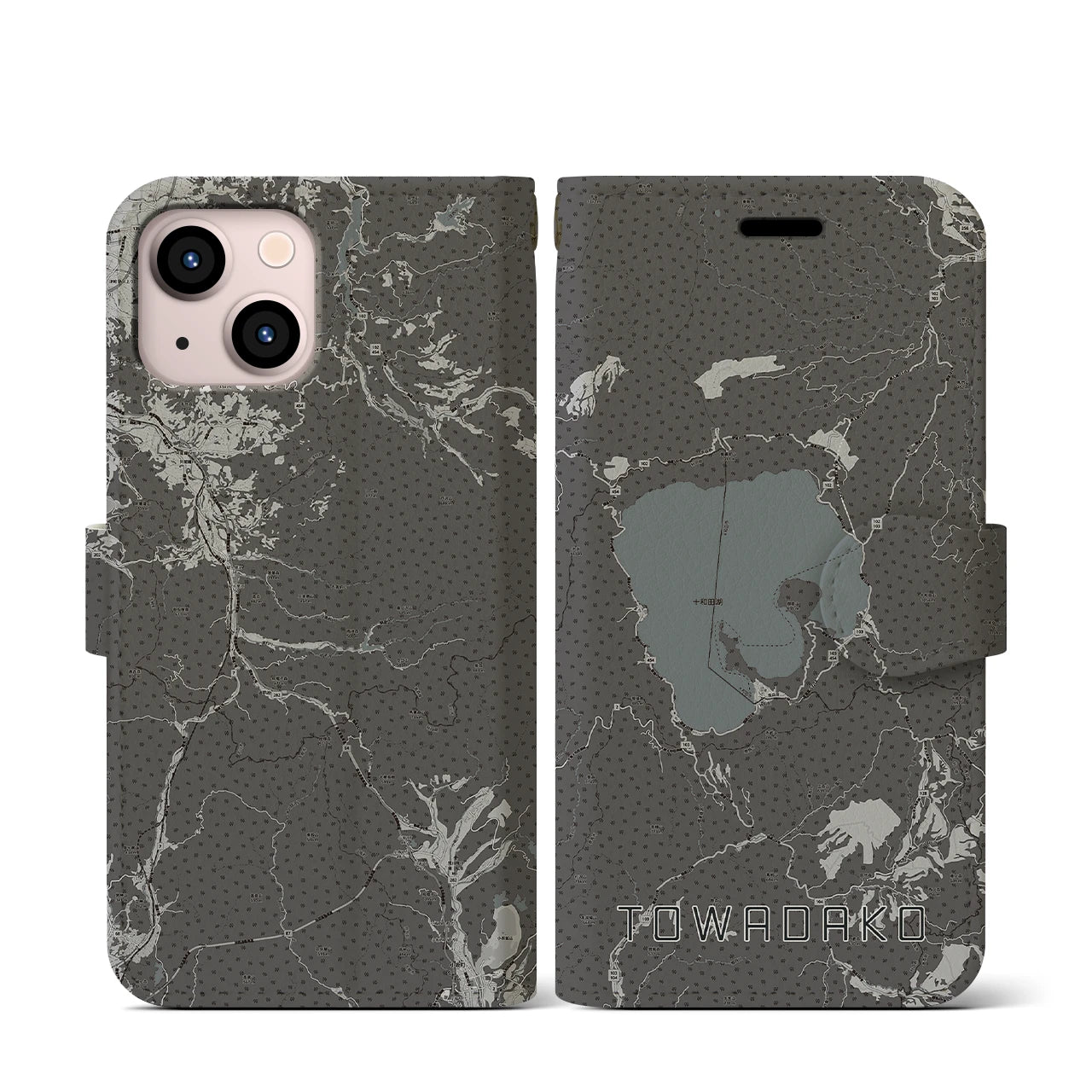 【十和田湖(青森県)】地図柄iPhoneケース(手帳タイプ)モノトーン・iPhone 13 mini 用