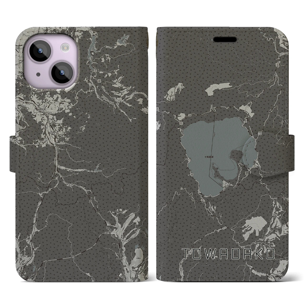 【十和田湖(青森県)】地図柄iPhoneケース(手帳タイプ)モノトーン・iPhone 14 用