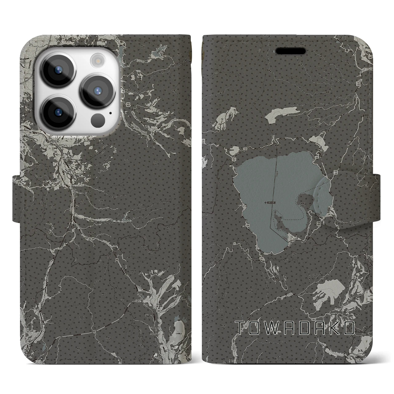 【十和田湖(青森県)】地図柄iPhoneケース(手帳タイプ)モノトーン・iPhone 14 Pro 用