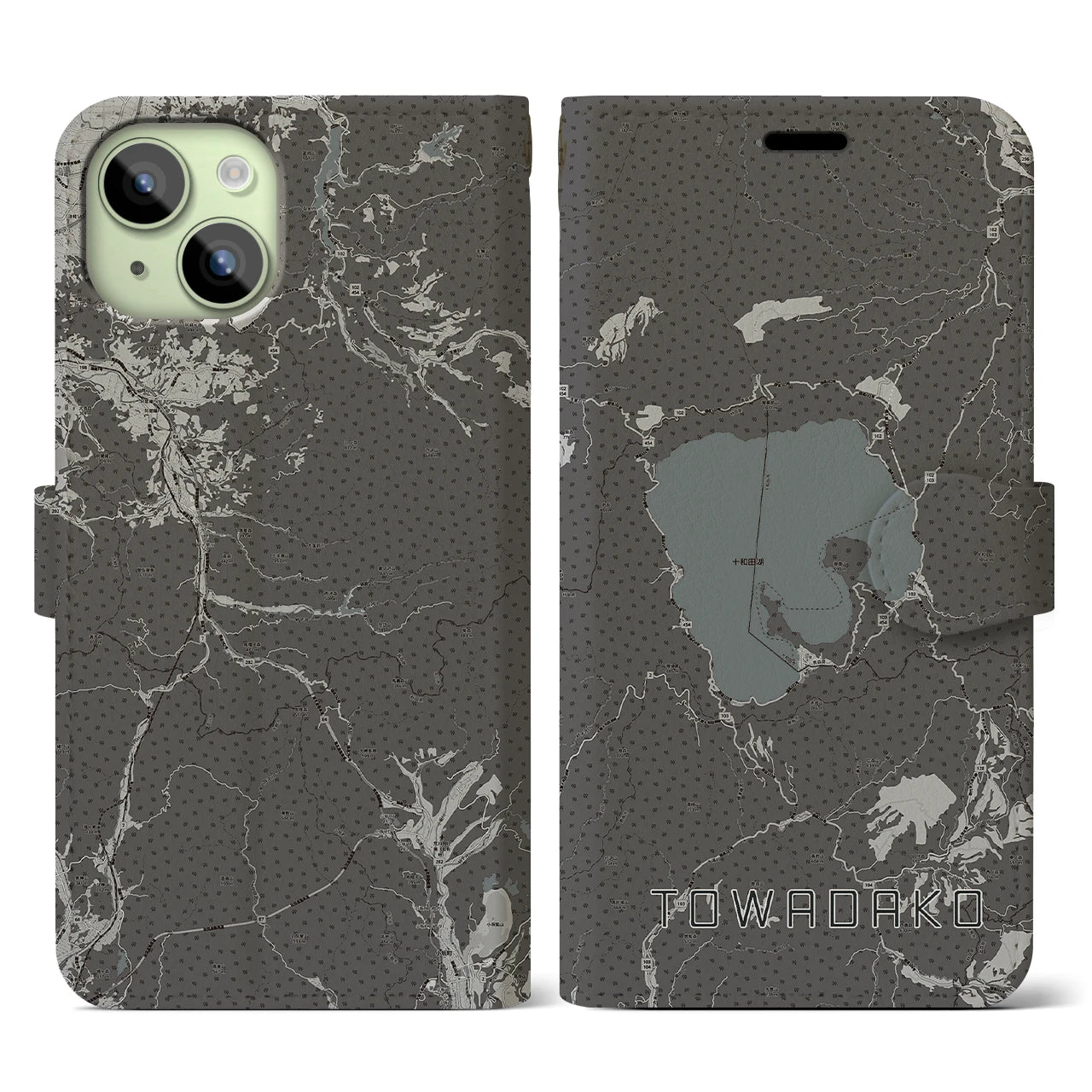 【十和田湖(青森県)】地図柄iPhoneケース(手帳タイプ)モノトーン・iPhone 15 用