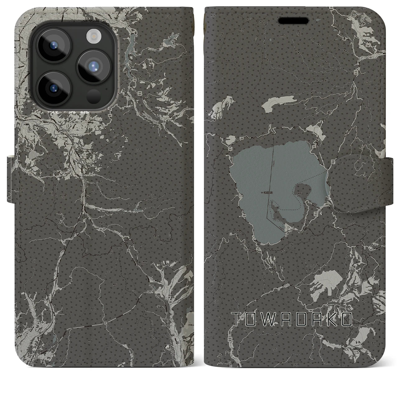【十和田湖(青森県)】地図柄iPhoneケース(手帳タイプ)モノトーン・iPhone 15 Pro Max 用
