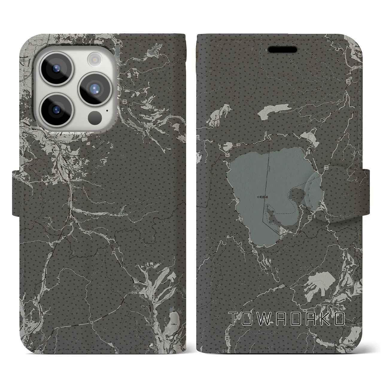 【十和田湖(青森県)】地図柄iPhoneケース(手帳タイプ)モノトーン・iPhone 15 Pro 用