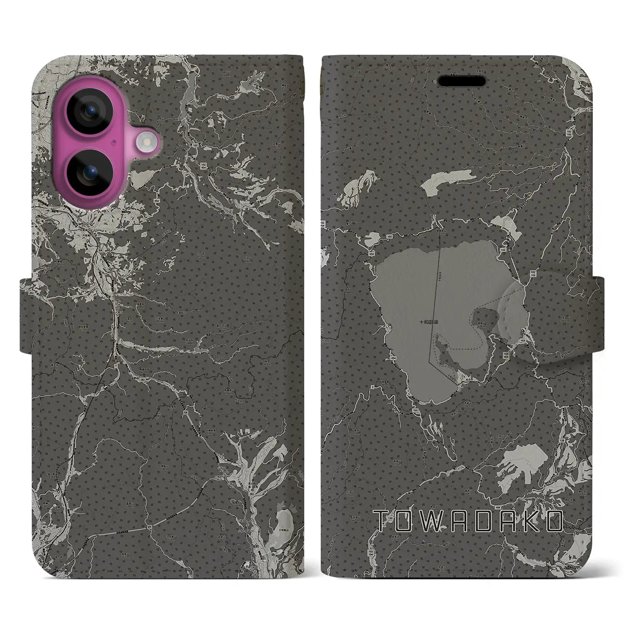 【十和田湖(青森県)】地図柄iPhoneケース(手帳タイプ)モノトーン・iPhone 16 Pro 用