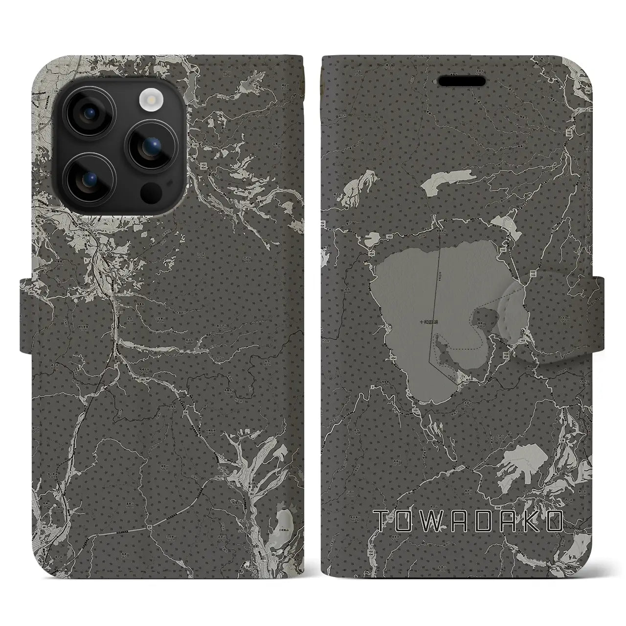 【十和田湖(青森県)】地図柄iPhoneケース(手帳タイプ)モノトーン・iPhone 16 用