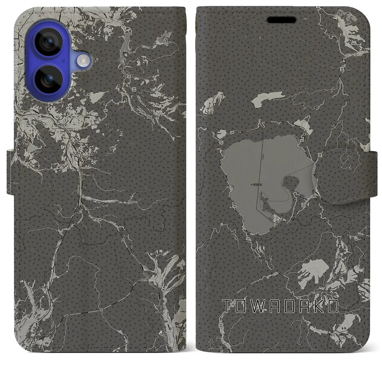 【十和田湖(青森県)】地図柄iPhoneケース(手帳タイプ)モノトーン・iPhone 16 Pro Max 用