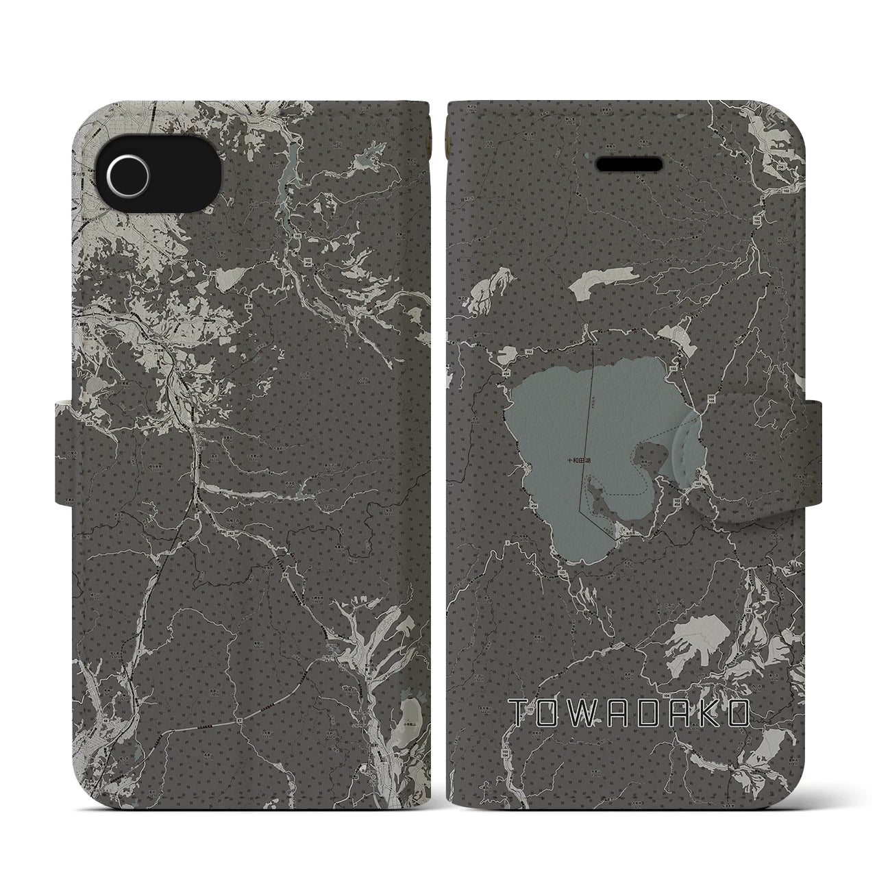 【十和田湖(青森県)】地図柄iPhoneケース(手帳タイプ)モノトーン・iPhone SE(第3 / 第2世代) / 8 / 7 / 6s / 6 用