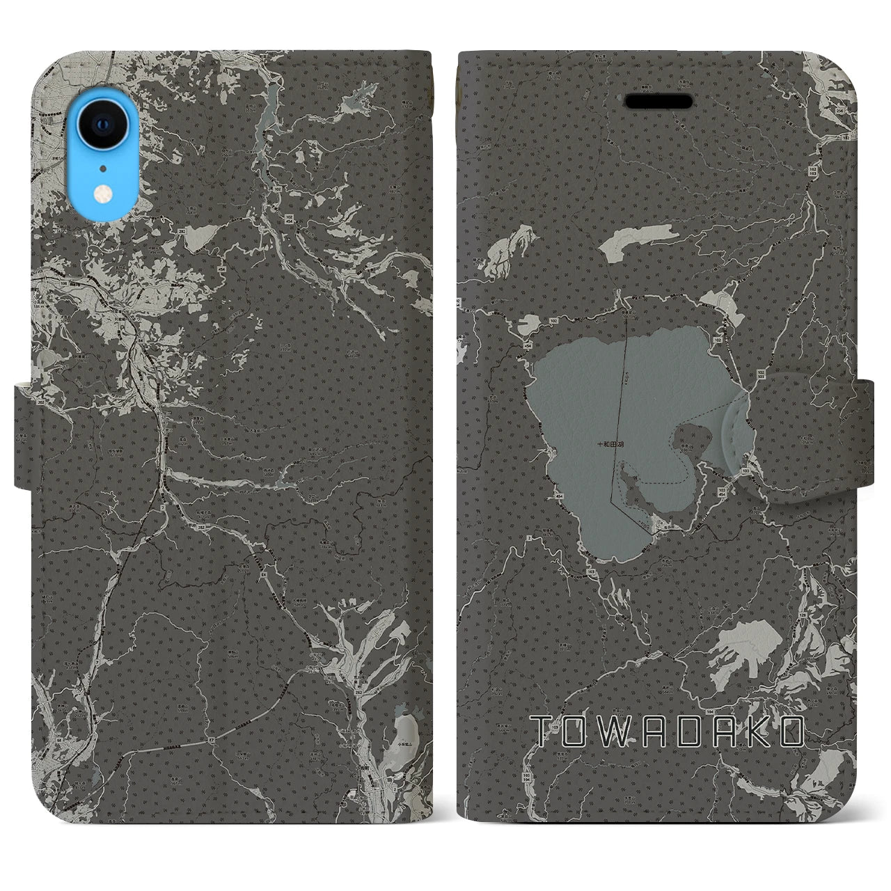 【十和田湖(青森県)】地図柄iPhoneケース(手帳タイプ)モノトーン・iPhone XR 用
