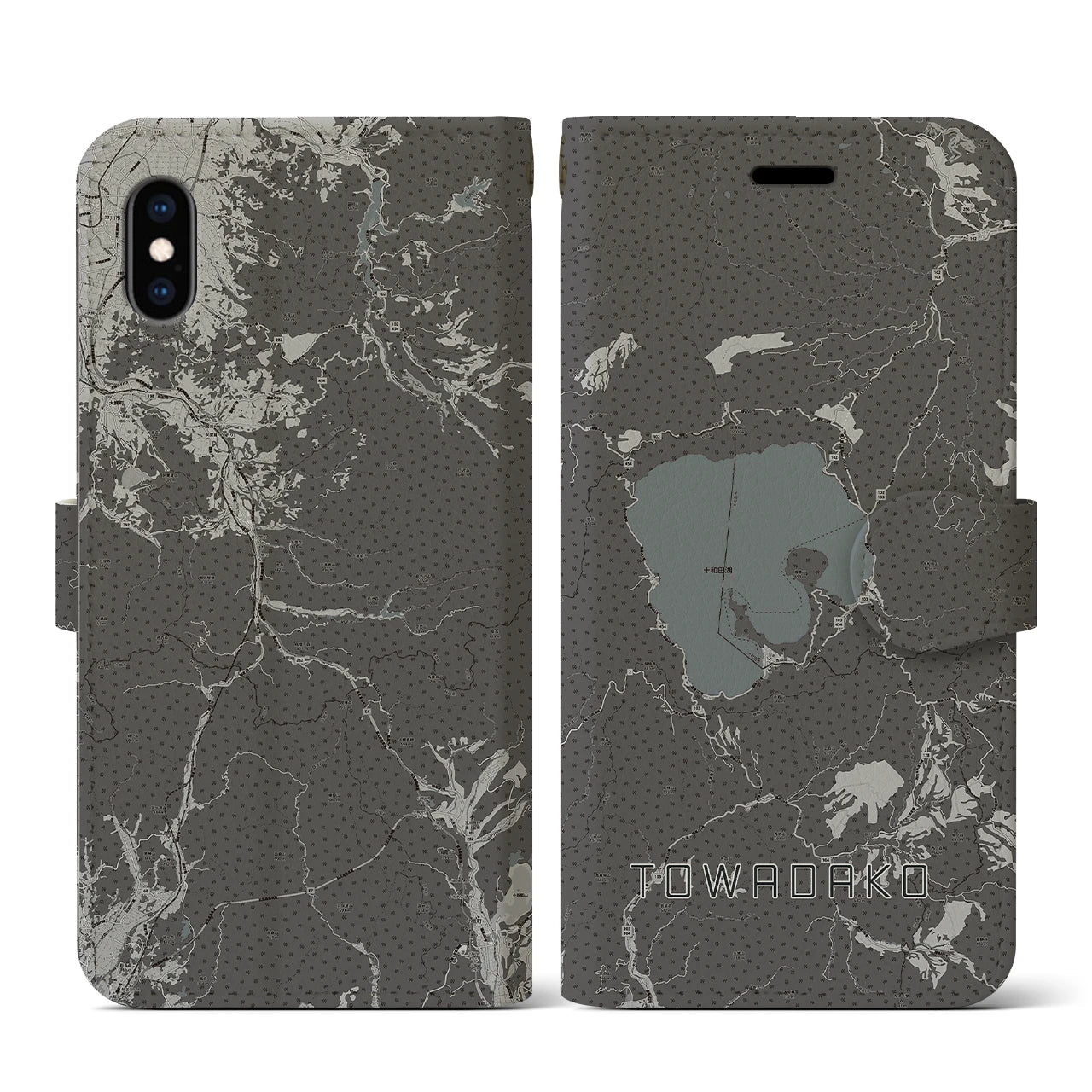 【十和田湖(青森県)】地図柄iPhoneケース(手帳タイプ)モノトーン・iPhone XS / X 用