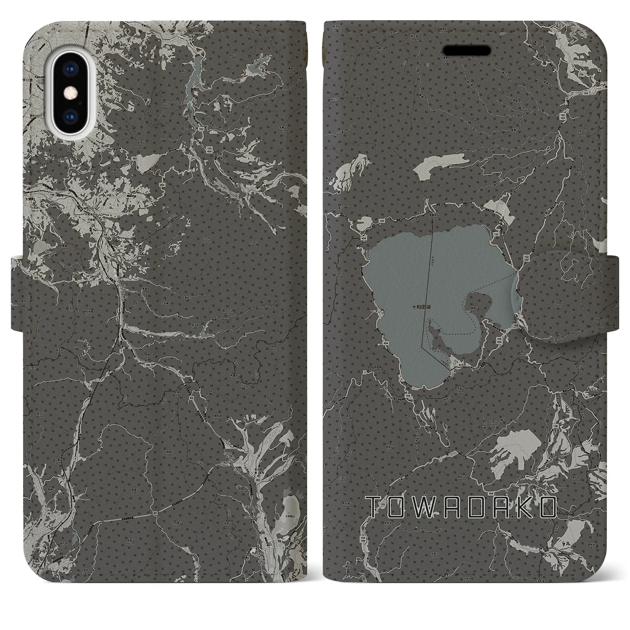 【十和田湖(青森県)】地図柄iPhoneケース(手帳タイプ)モノトーン・iPhone XS Max 用