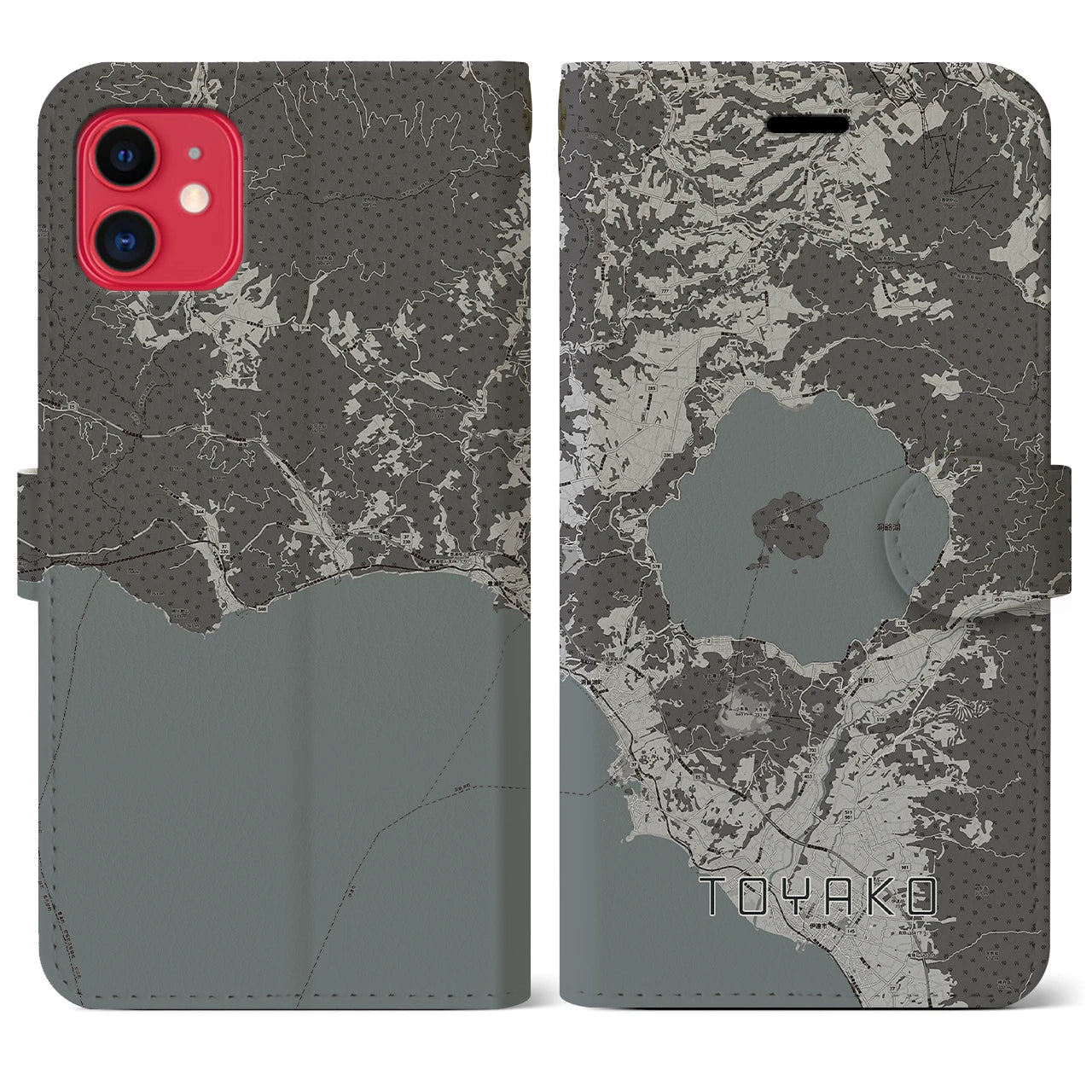 【洞爺湖(北海道)】地図柄iPhoneケース(手帳タイプ)モノトーン・iPhone 11 用