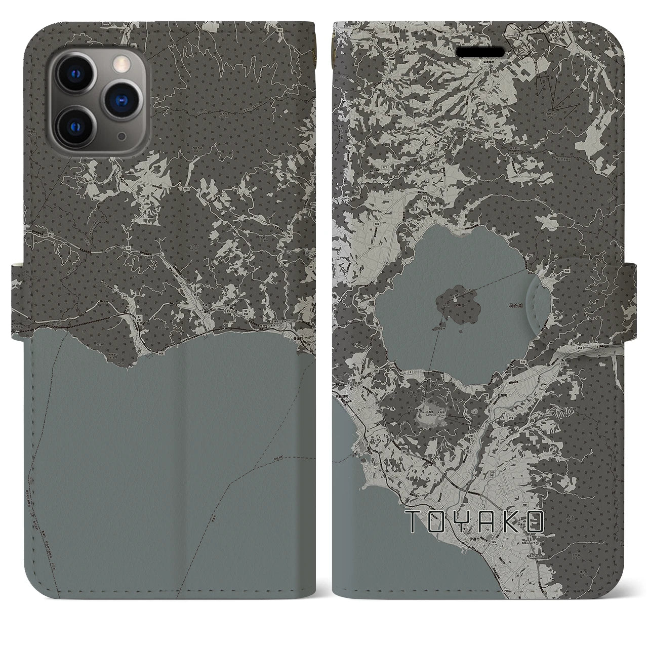 【洞爺湖(北海道)】地図柄iPhoneケース(手帳タイプ)モノトーン・iPhone 11 Pro Max 用