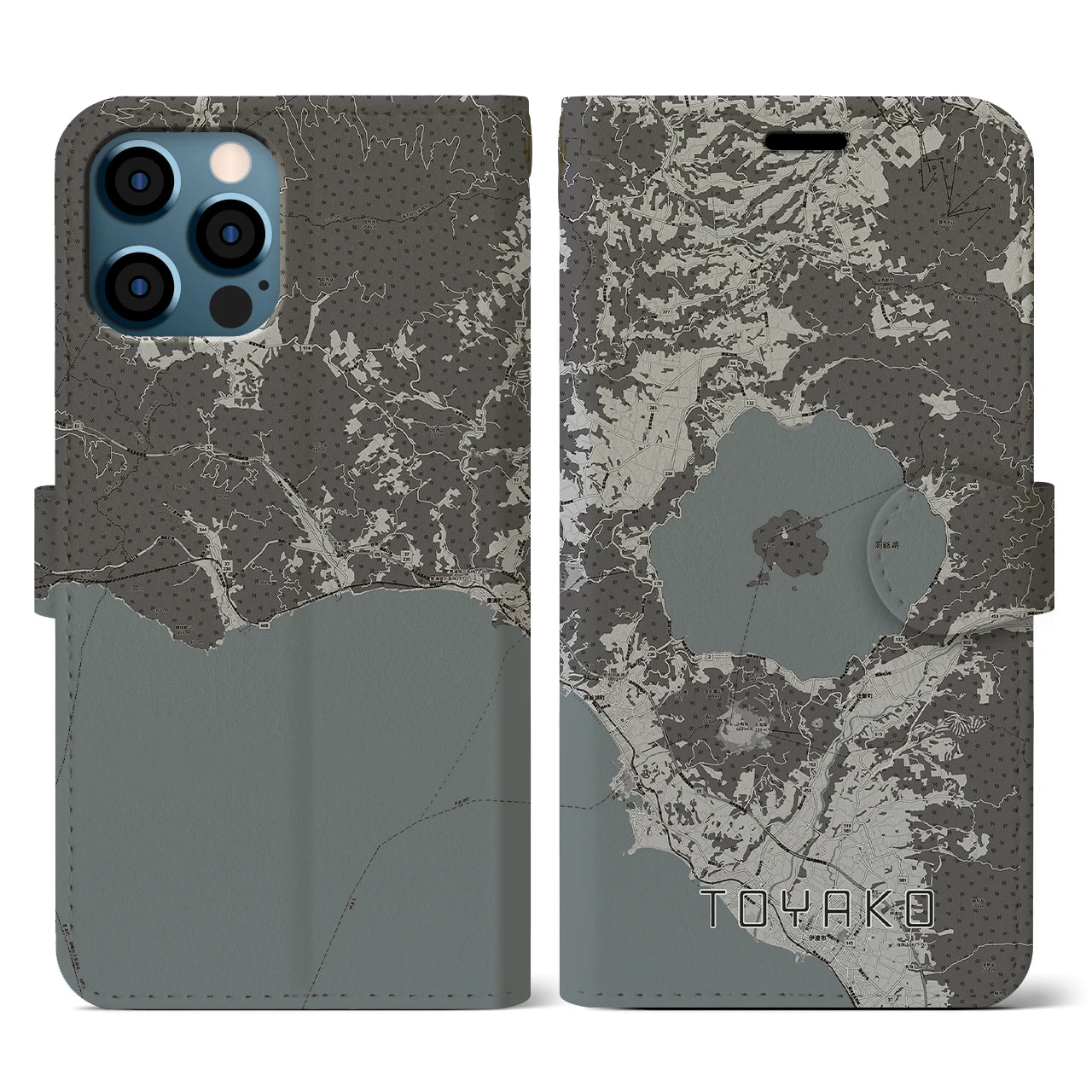 【洞爺湖(北海道)】地図柄iPhoneケース(手帳タイプ)モノトーン・iPhone 12 / 12 Pro 用