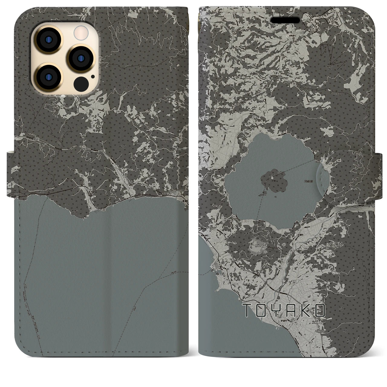 【洞爺湖(北海道)】地図柄iPhoneケース(手帳タイプ)モノトーン・iPhone 12 Pro Max 用