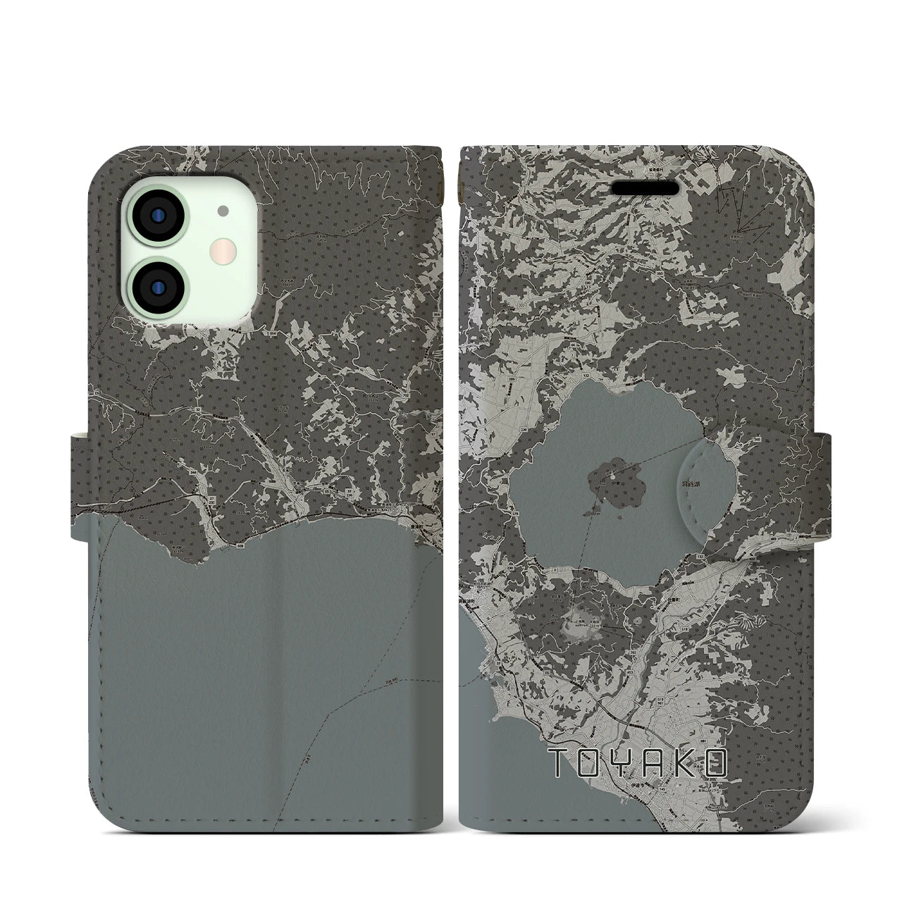 【洞爺湖(北海道)】地図柄iPhoneケース(手帳タイプ)モノトーン・iPhone 12 mini 用