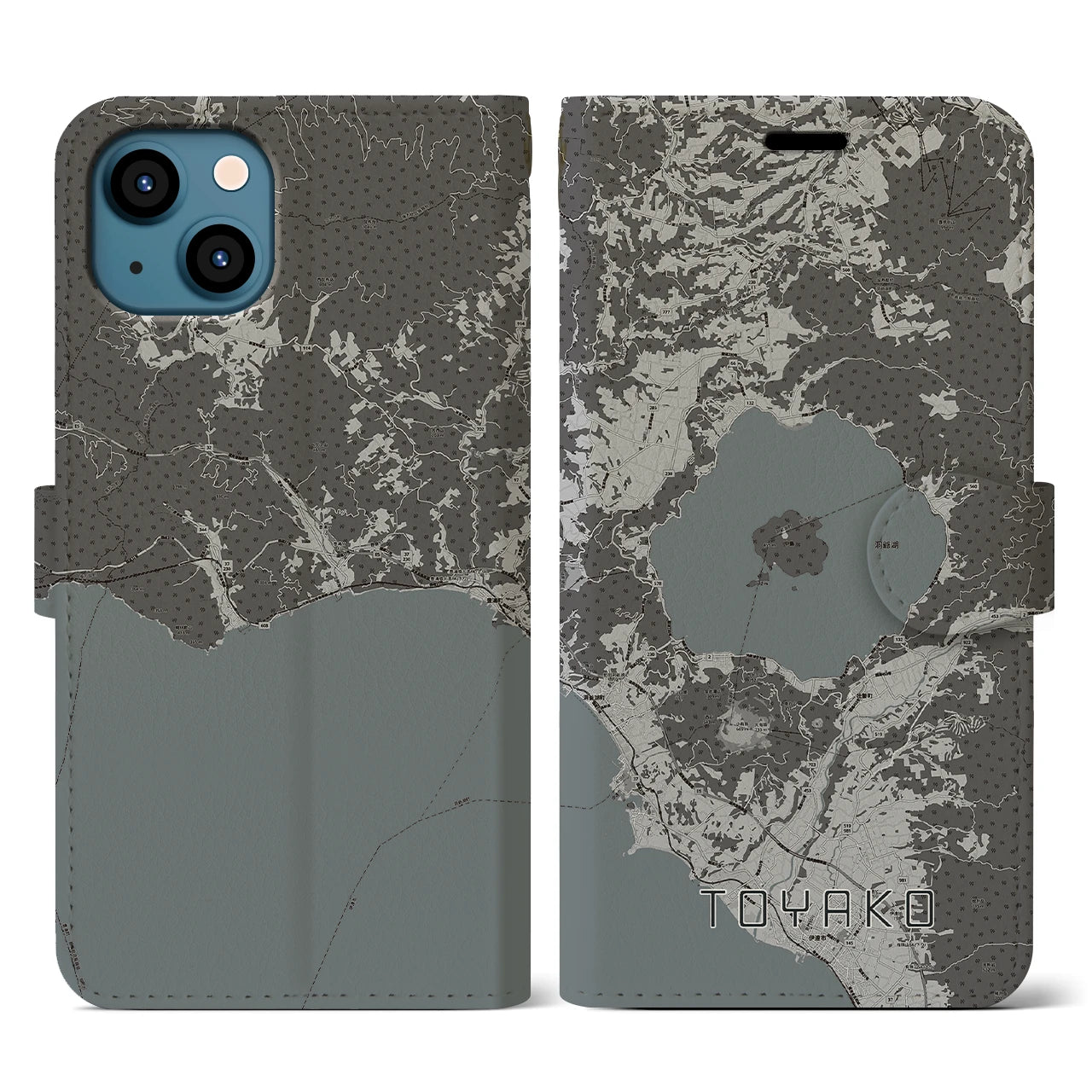 【洞爺湖(北海道)】地図柄iPhoneケース(手帳タイプ)モノトーン・iPhone 13 用