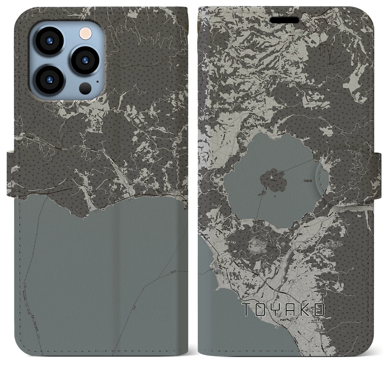 【洞爺湖(北海道)】地図柄iPhoneケース(手帳タイプ)モノトーン・iPhone 13 Pro Max 用