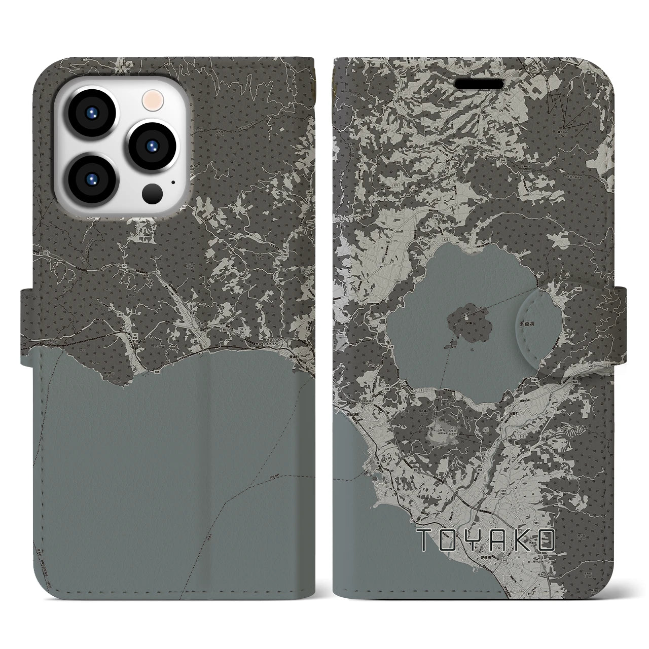 【洞爺湖(北海道)】地図柄iPhoneケース(手帳タイプ)モノトーン・iPhone 13 Pro 用