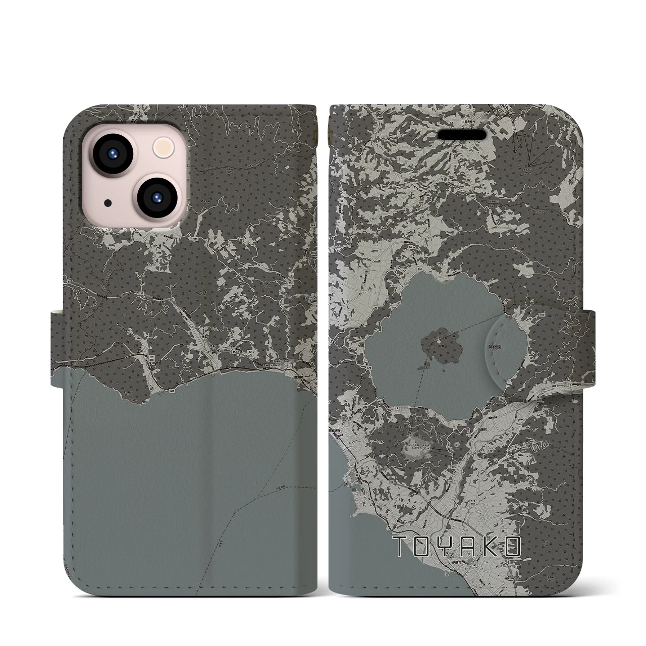 【洞爺湖(北海道)】地図柄iPhoneケース(手帳タイプ)モノトーン・iPhone 13 mini 用