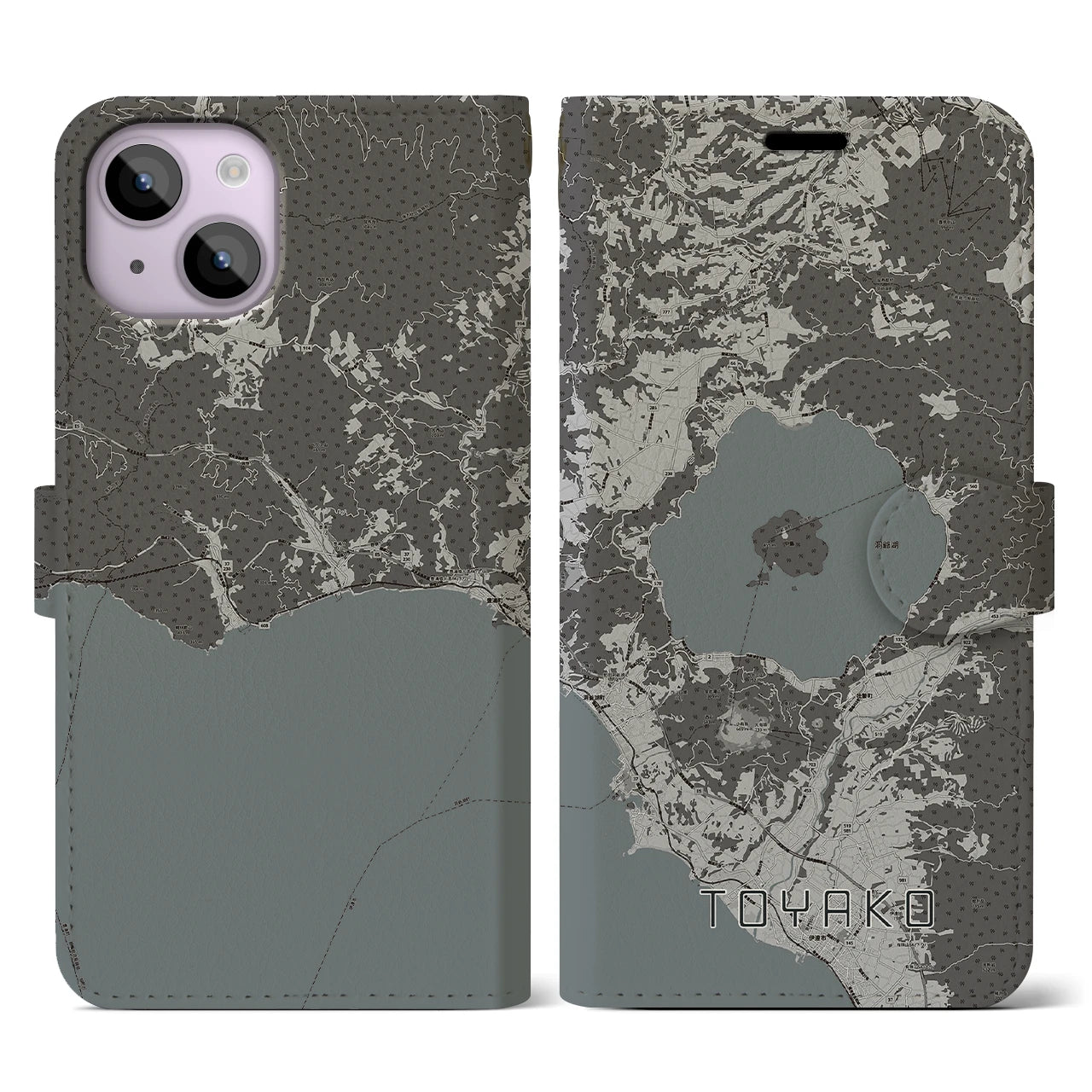 【洞爺湖(北海道)】地図柄iPhoneケース(手帳タイプ)モノトーン・iPhone 14 用