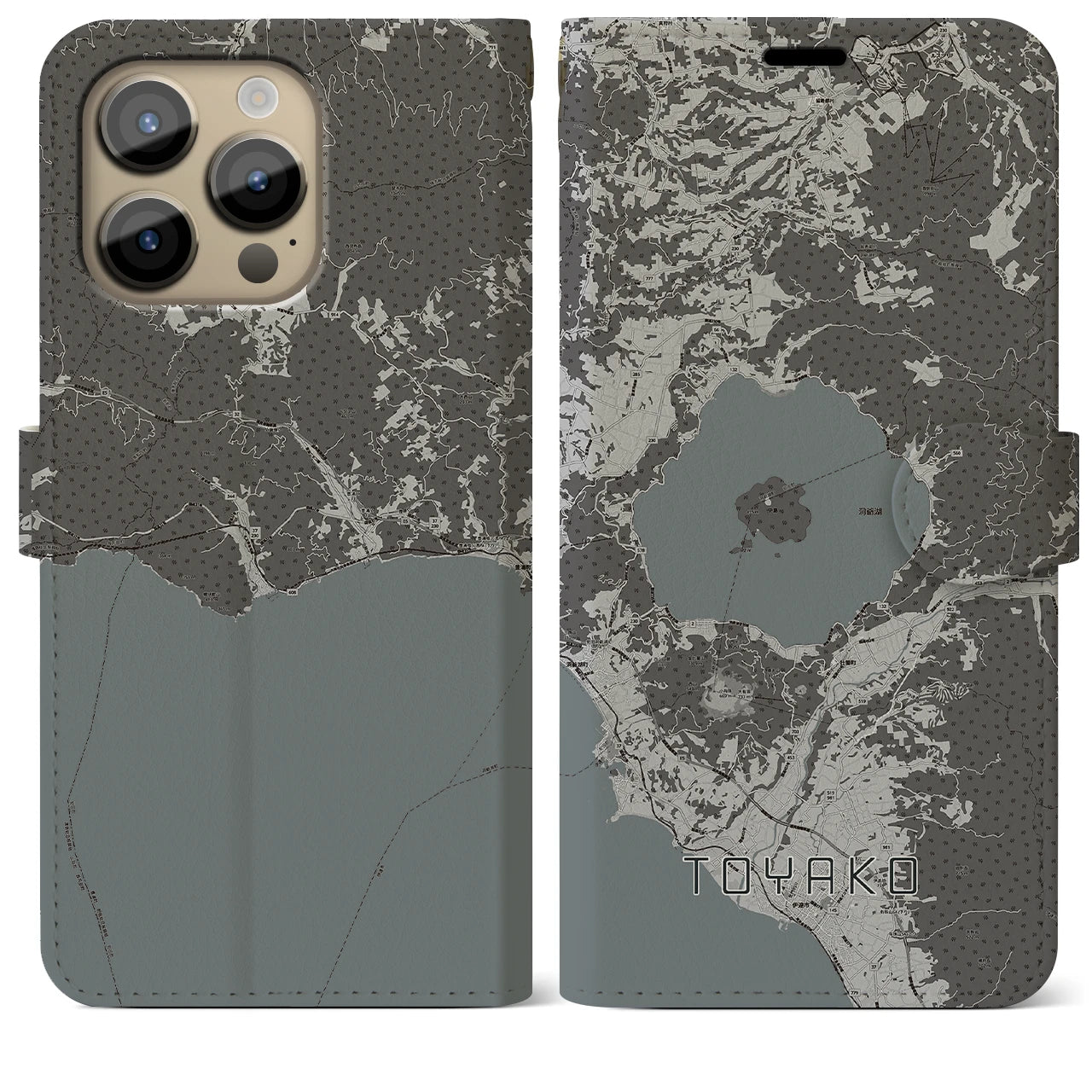 【洞爺湖(北海道)】地図柄iPhoneケース(手帳タイプ)モノトーン・iPhone 14 Pro Max 用