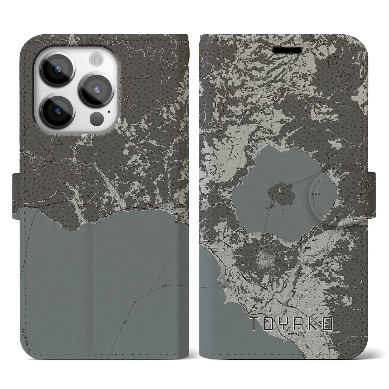 【洞爺湖(北海道)】地図柄iPhoneケース(手帳タイプ)モノトーン・iPhone 14 Pro 用