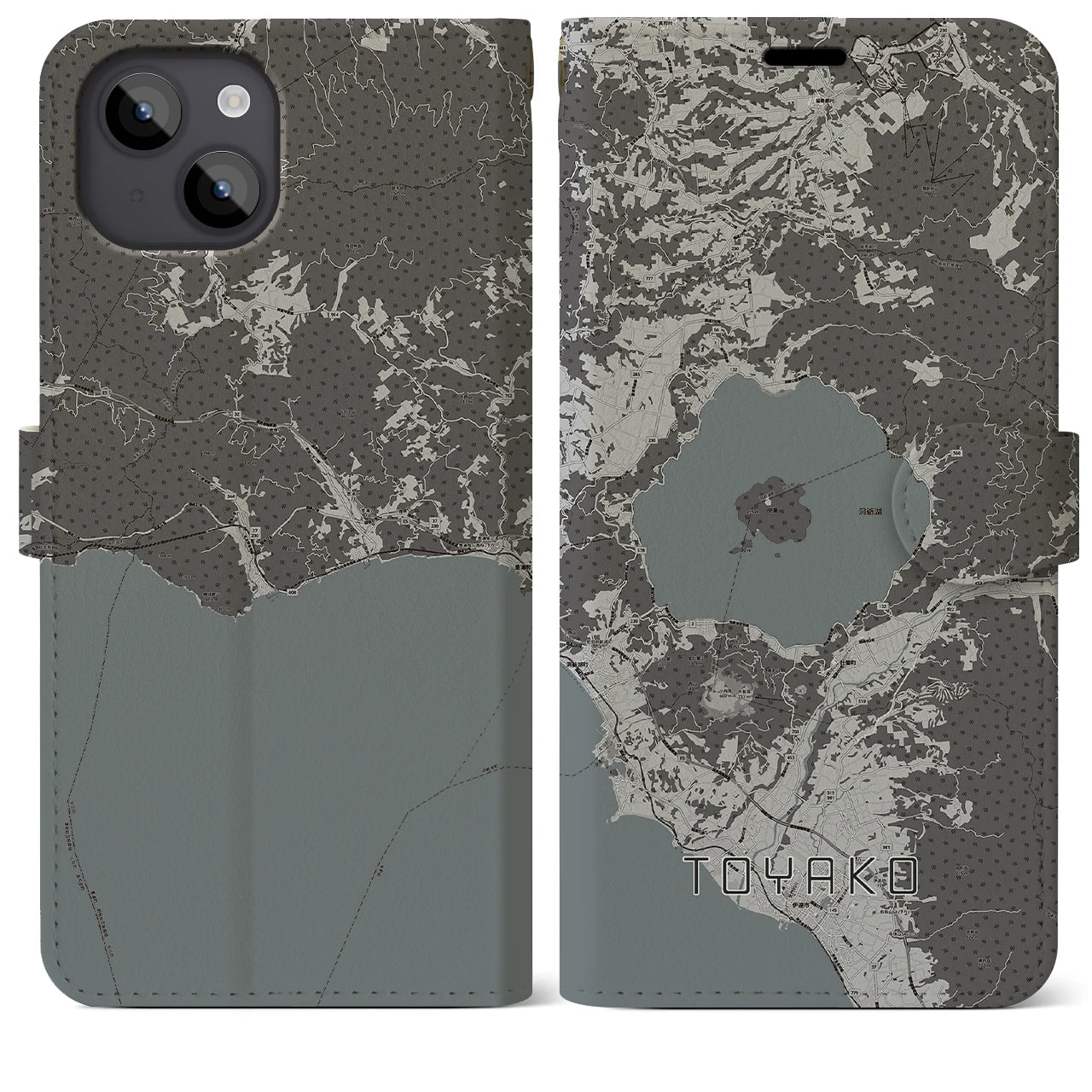 【洞爺湖(北海道)】地図柄iPhoneケース(手帳タイプ)モノトーン・iPhone 14 Plus 用