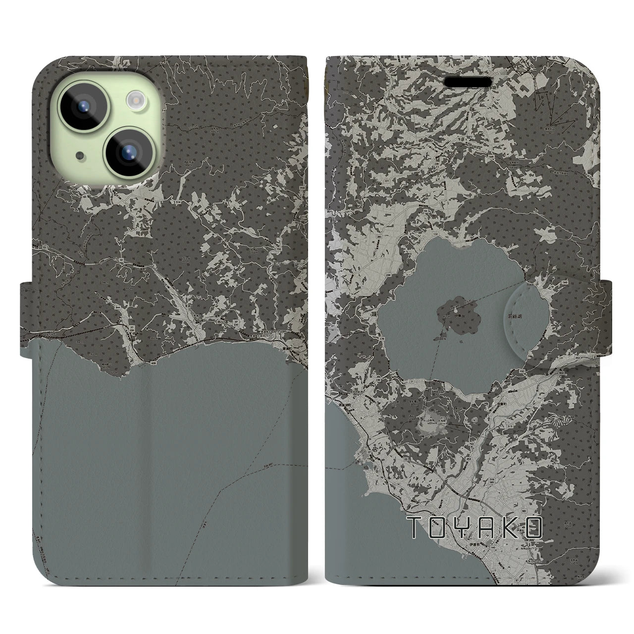 【洞爺湖(北海道)】地図柄iPhoneケース(手帳タイプ)モノトーン・iPhone 15 用