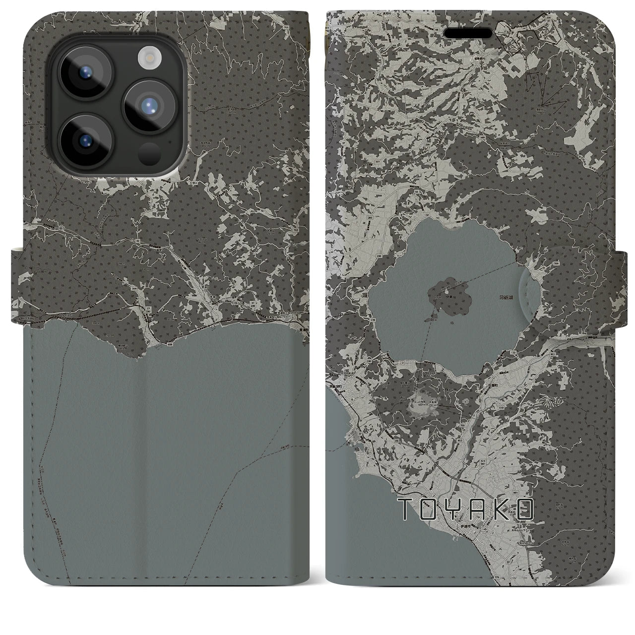 【洞爺湖(北海道)】地図柄iPhoneケース(手帳タイプ)モノトーン・iPhone 15 Pro Max 用
